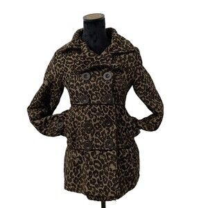 BKE Women's Double Breasted Pea Coat  Leopard Cheetah  Brown Size Small